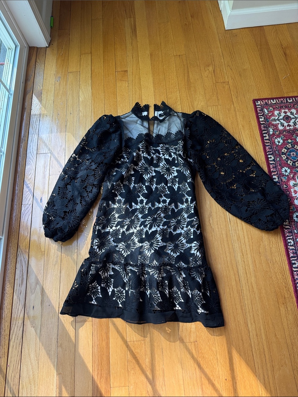 Beulah Black Floral Lace Dress with Puff Sleeves